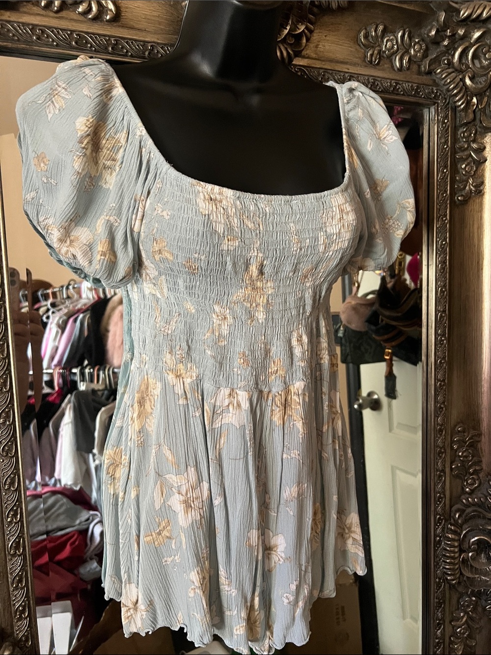 Light Blue Floral Smocked Mini Shorts with Puff Sleeves
